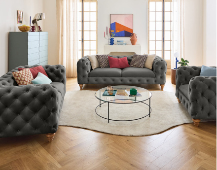 Canapé 2 places chesterfield en velours pieds bois Walter