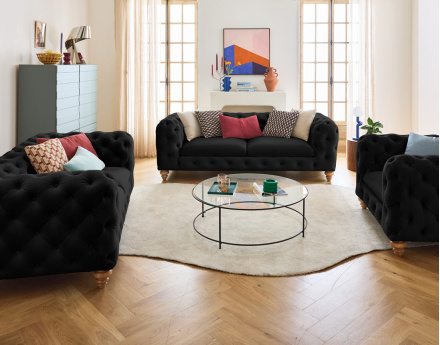 Canapé 2 places chesterfield en velours pieds bois Walter