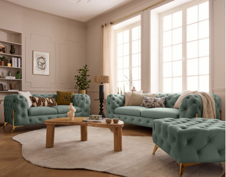 Pouf chesterfield en velours pieds en métal doré Camden