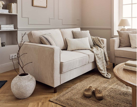 Canapé 2 places en velours côtelé pieds bois foncé Jake