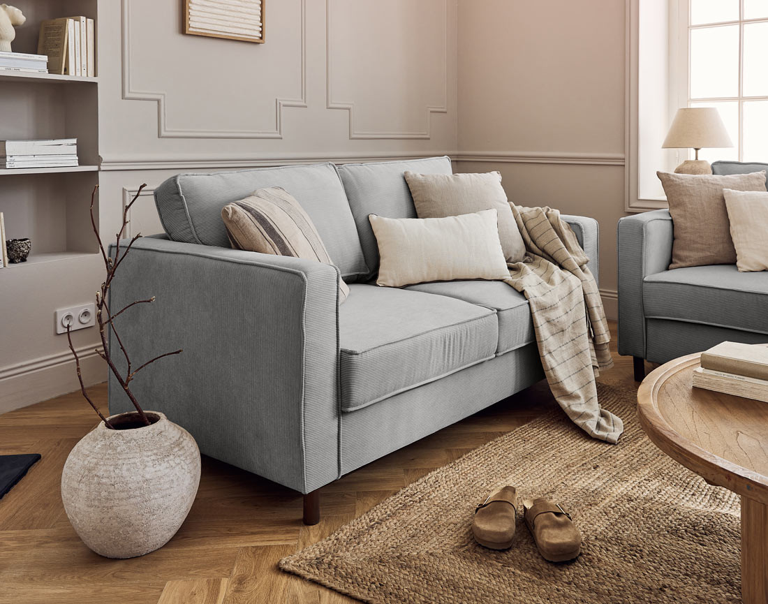 Canapé 2 places en velours côtelé pieds bois foncé Jake