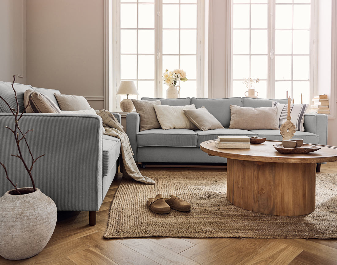 Canapé 2 places en velours côtelé pieds bois foncé Jake