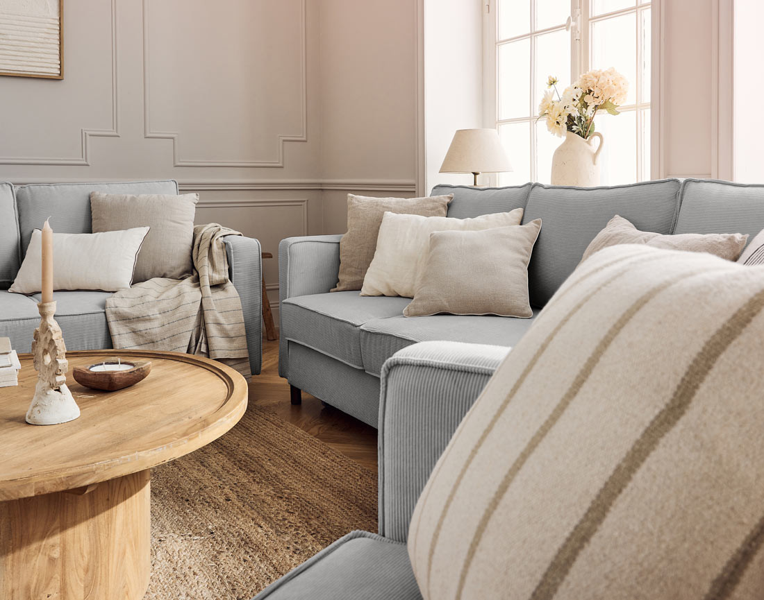 Canapé 2 places en velours côtelé pieds bois foncé Jake