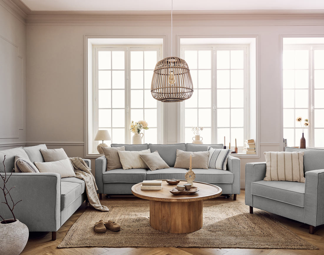 Canapé 2 places en velours côtelé pieds bois foncé Jake