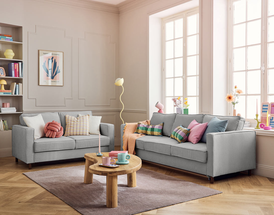 Canapé 2 places en velours côtelé pieds bois foncé Jake