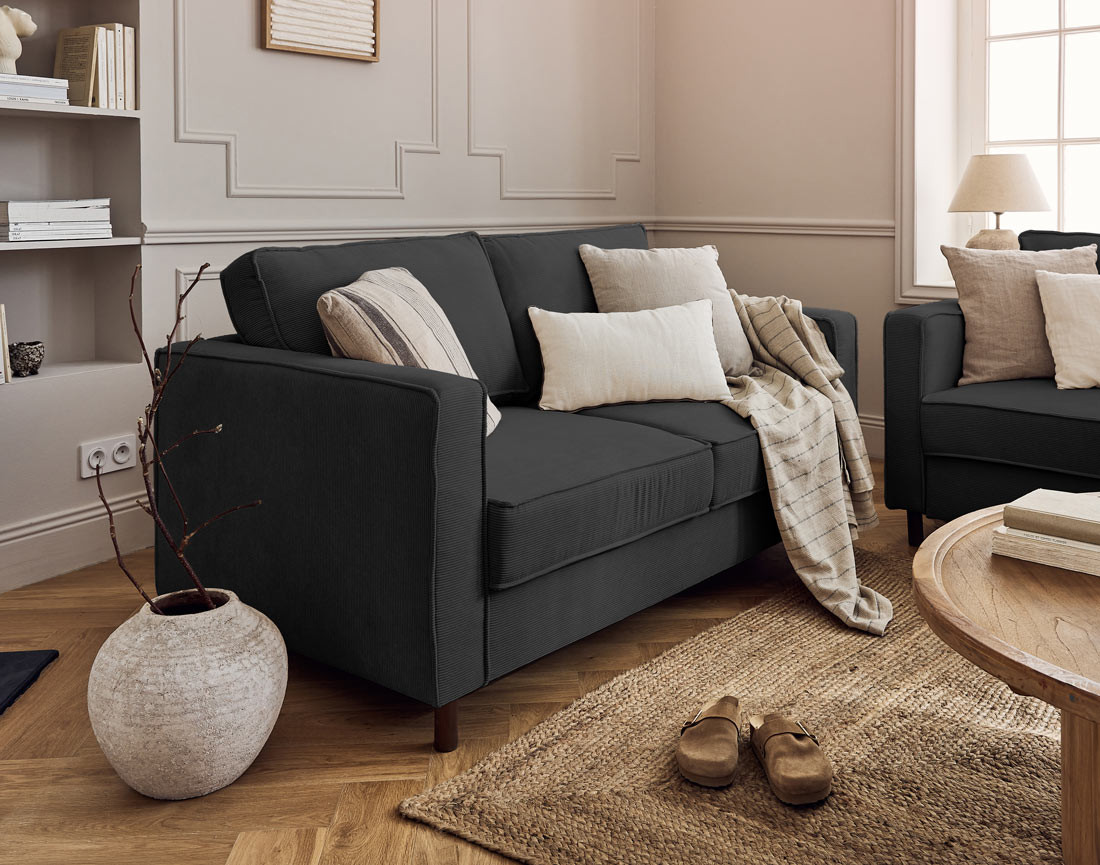 Canapé 2 places en velours côtelé pieds bois foncé Jake