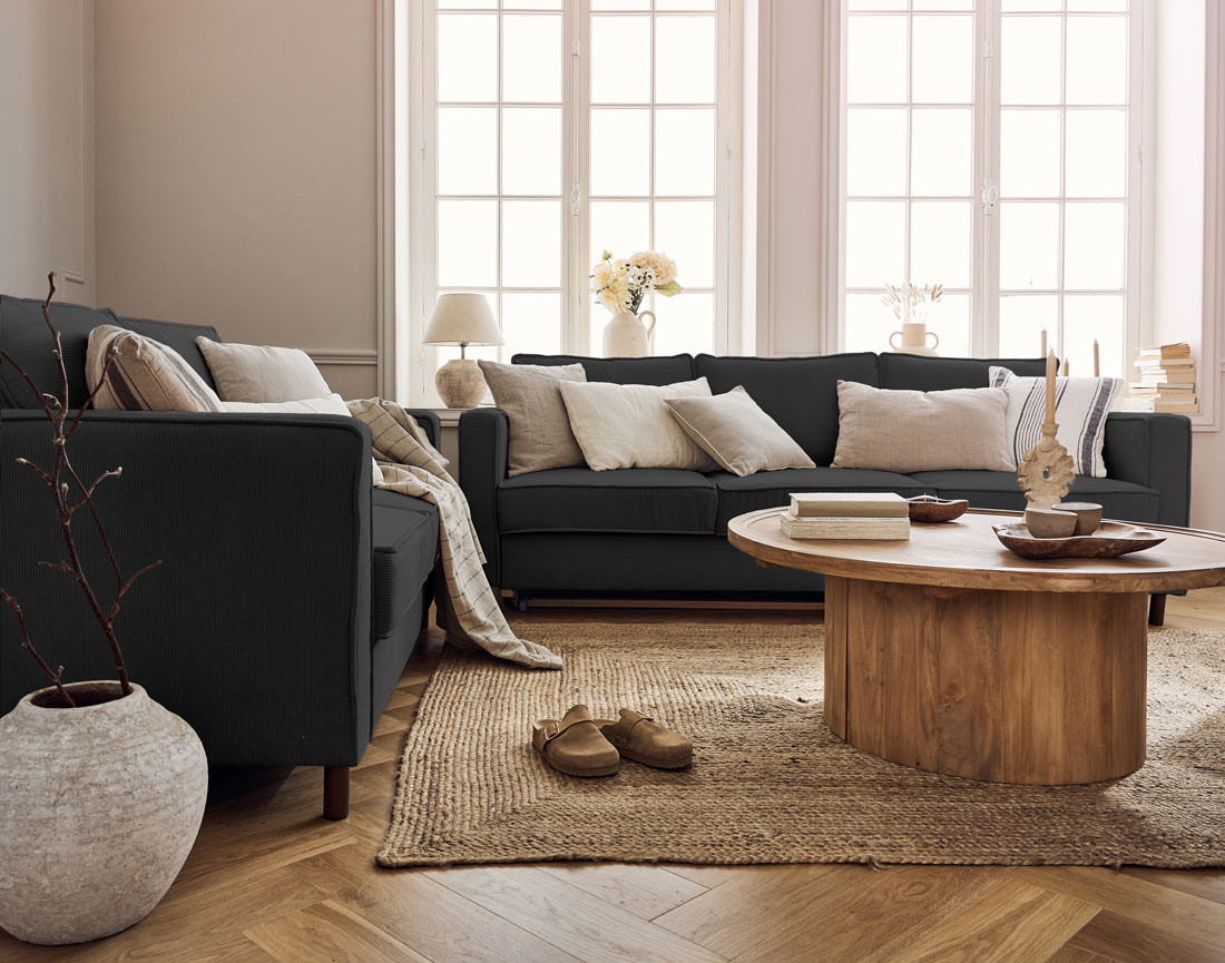 Canapé 2 places en velours côtelé pieds bois foncé Jake