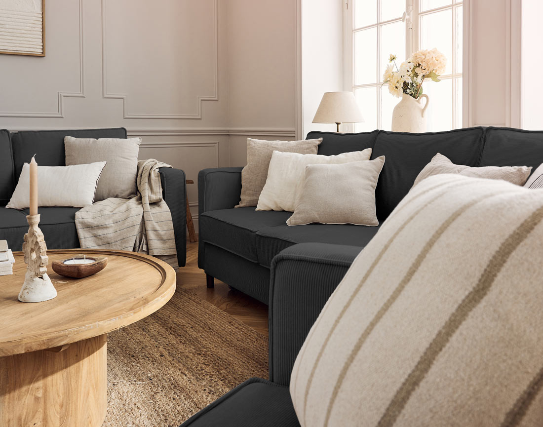 Canapé 2 places en velours côtelé pieds bois foncé Jake