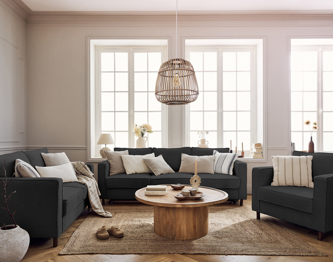 Canapé 2 places en velours côtelé pieds bois foncé Jake