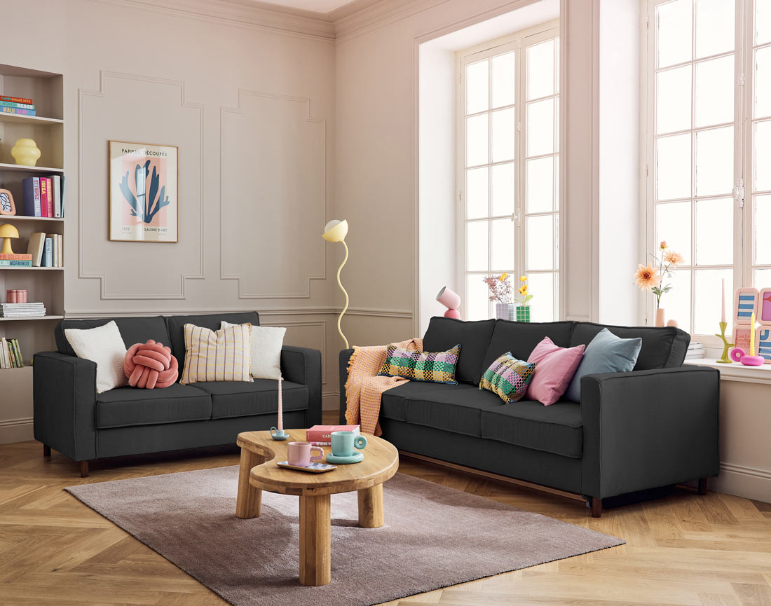 Canapé 2 places en velours côtelé pieds bois foncé Jake