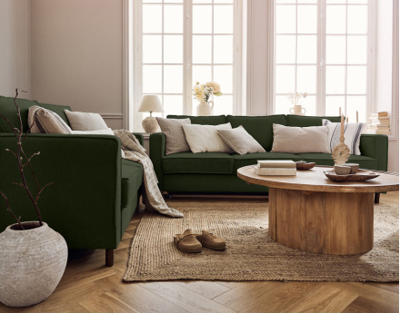 Canapé 2 places en velours côtelé pieds bois foncé Jake