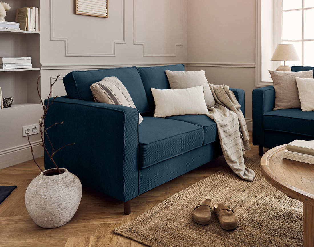 Canapé 2 places en velours côtelé pieds bois foncé Jake