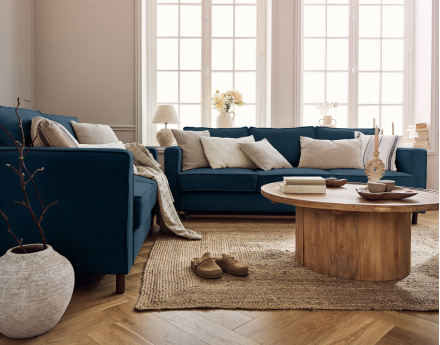 Canapé 2 places en velours côtelé pieds bois foncé Jake