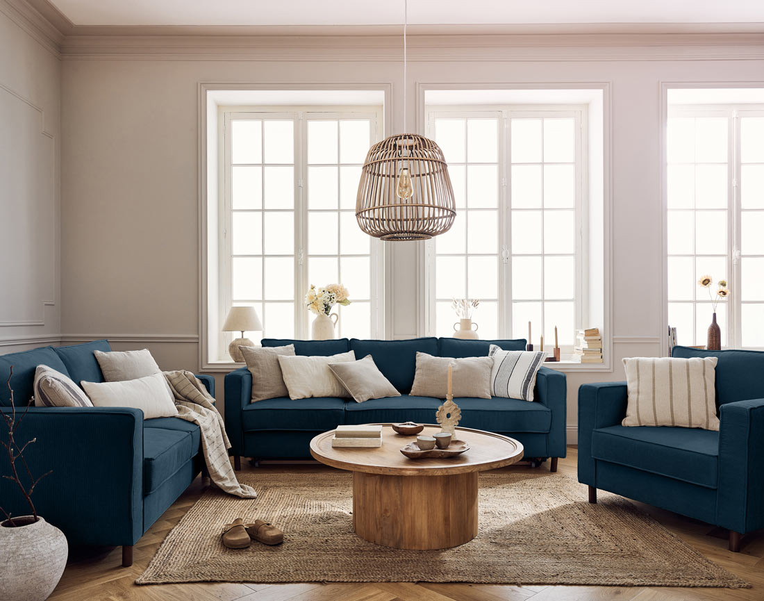 Canapé 2 places en velours côtelé pieds bois foncé Jake