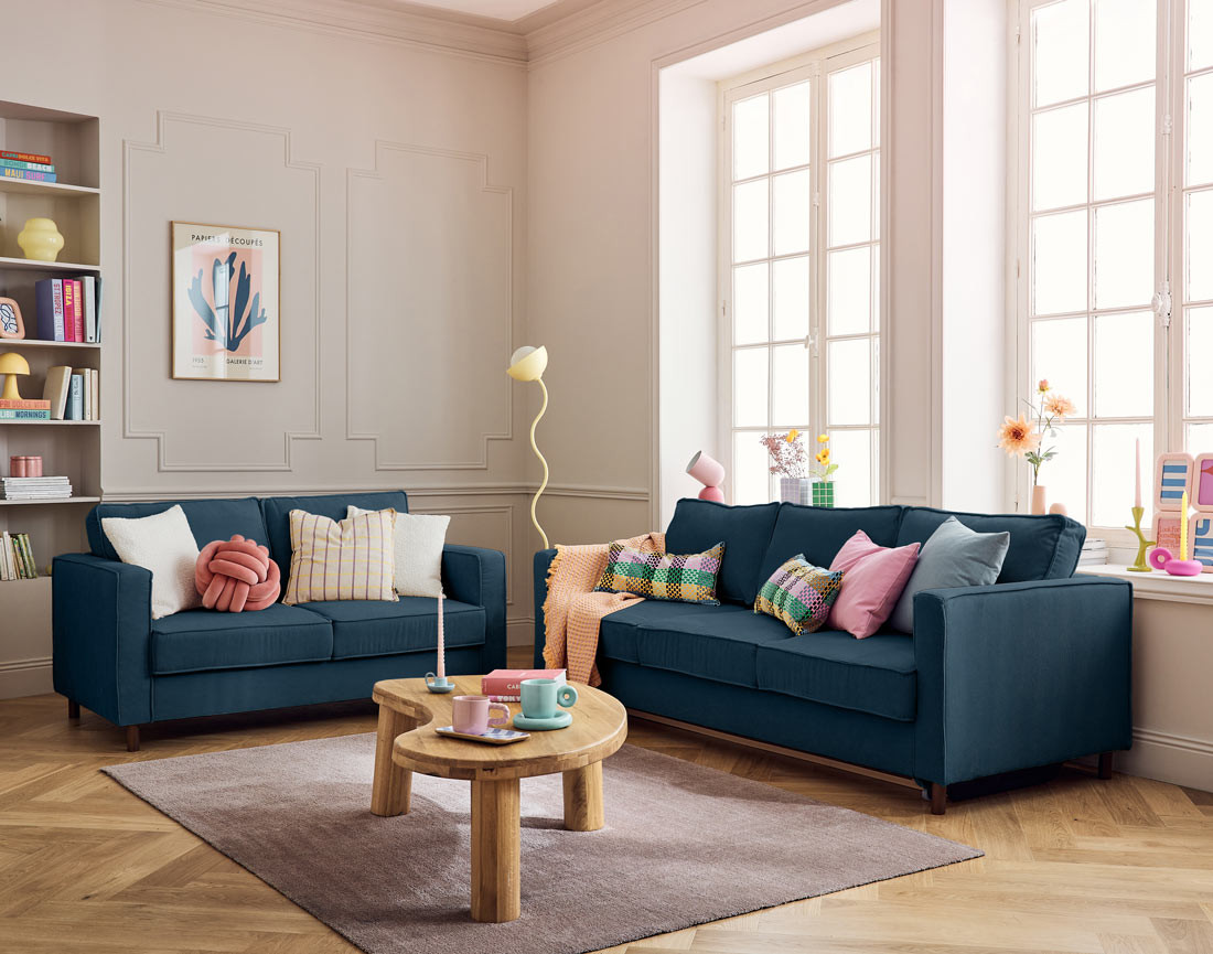 Canapé 2 places en velours côtelé pieds bois foncé Jake