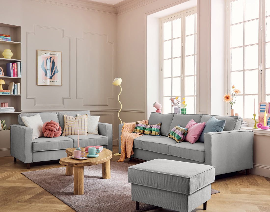 Canapé 2 places en velours côtelé pieds bois foncé Jake