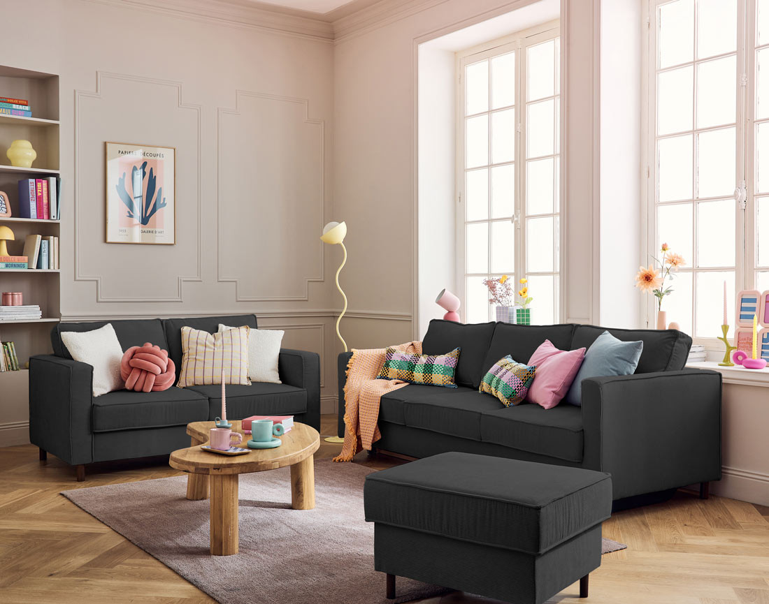 Canapé 2 places en velours côtelé pieds bois foncé Jake