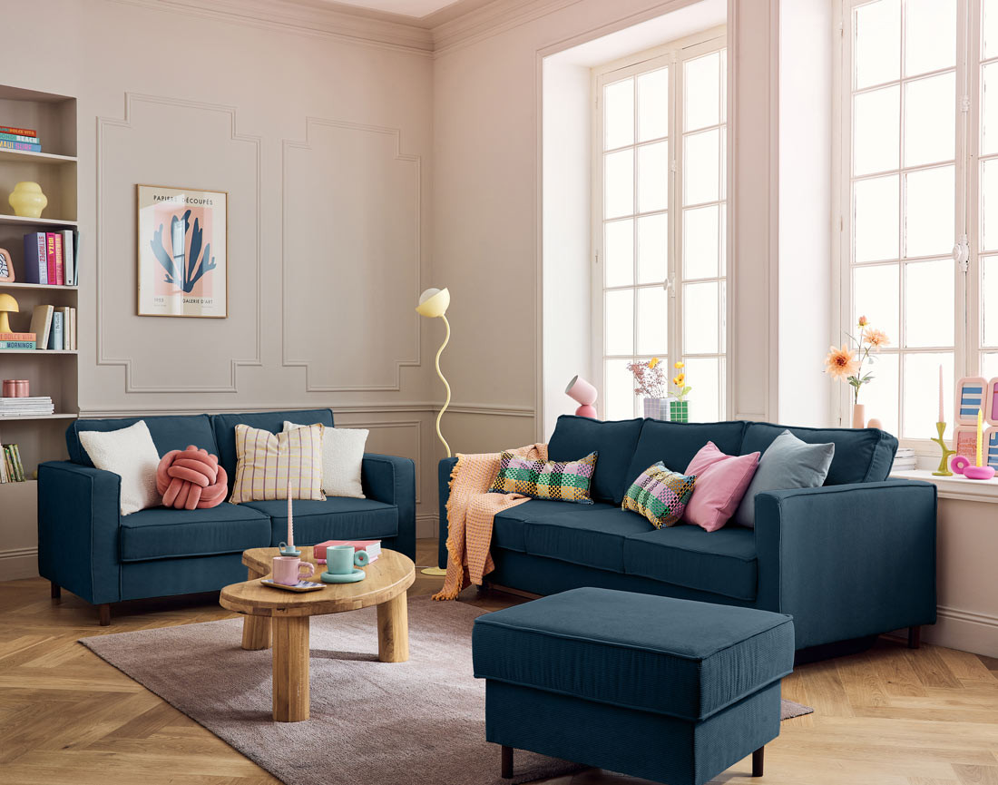 Canapé 2 places en velours côtelé pieds bois foncé Jake