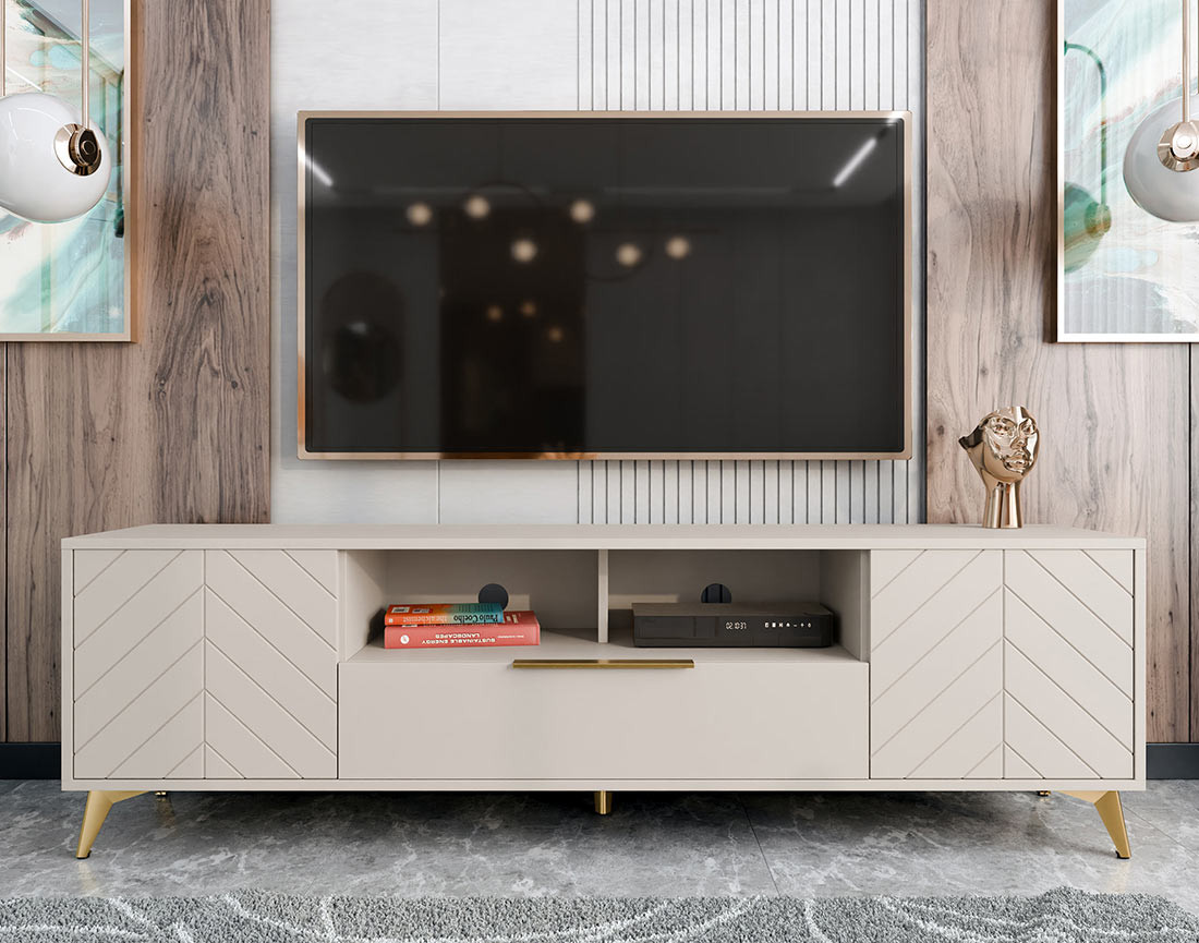 Meuble tv beige 2 portes, 1 tiroir et 1 niche 200 cm Boccioni