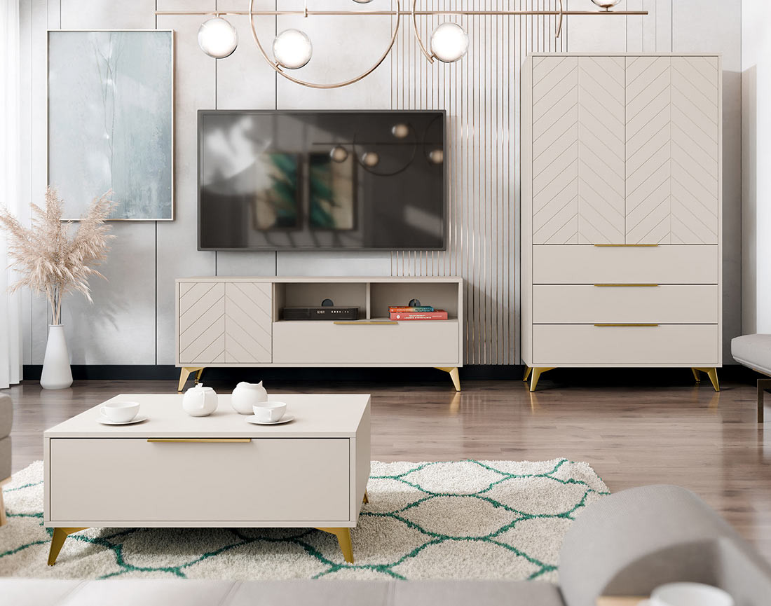 Buffet haut beige 3 tiroirs et 2 portes 104x180 cm Boccioni