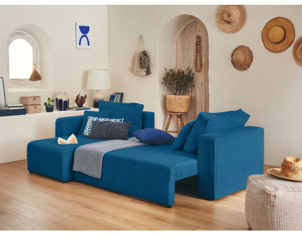 Canapé d'angle réversible 4 places convertible avec coffre en velours côtelé Topaze