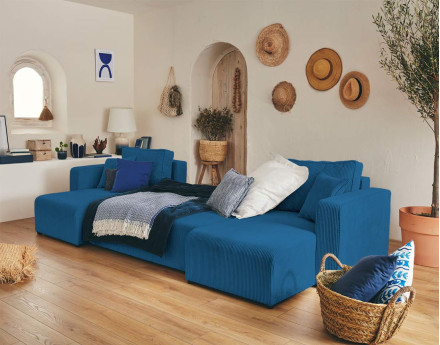 Canapé panoramique en U 7 places convertible avec coffre en velours côtelé Topaze