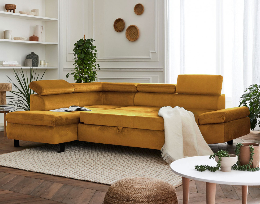Nairobi - Canapé d'angle convertible - en velours - 5 places - avec têtières - Gauche