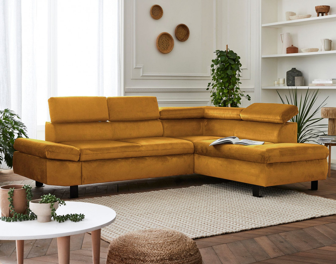 Nairobi - Canapé d'angle convertible - en velours - 5 places - avec têtières - Droit