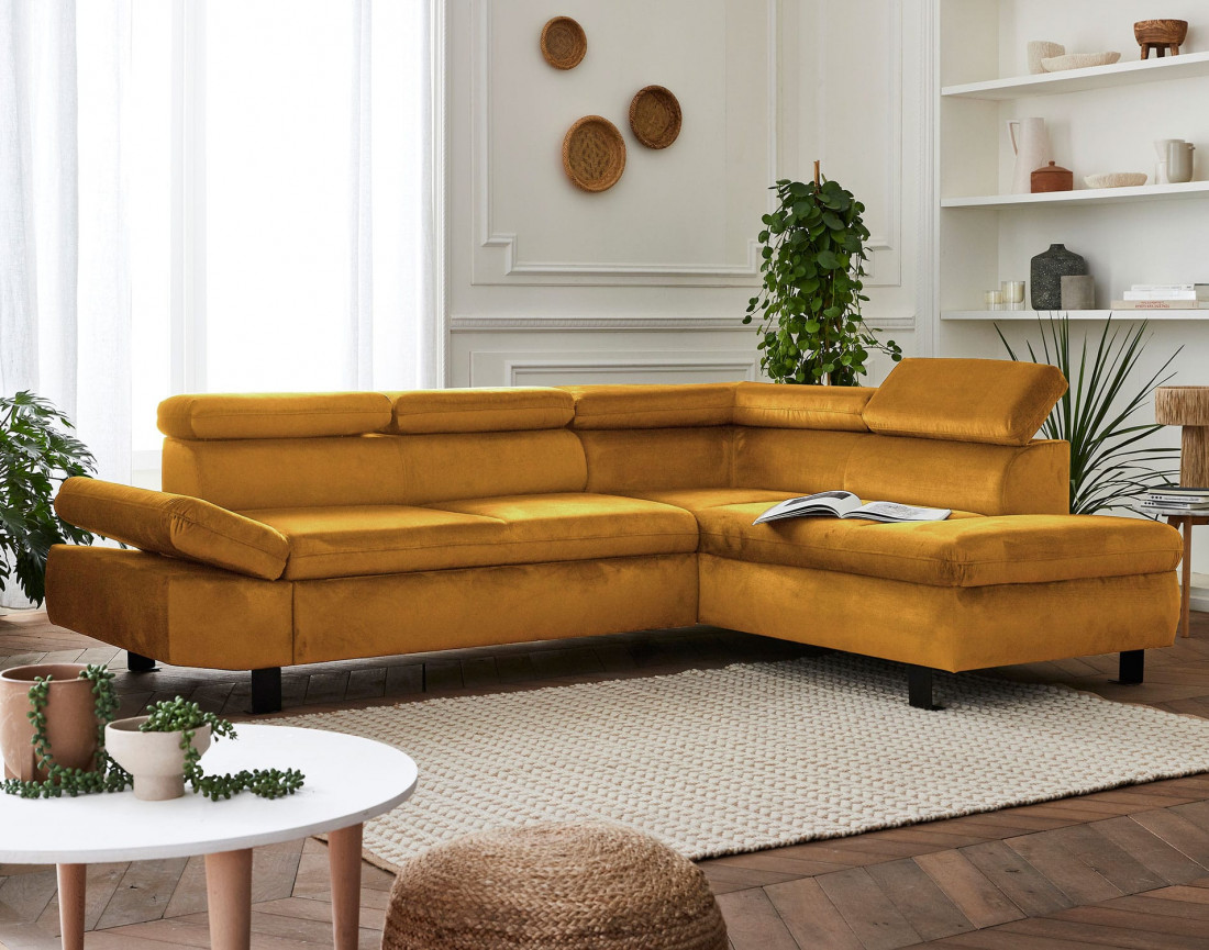 Nairobi - Canapé d'angle convertible - en velours - 5 places - avec têtières - Droit