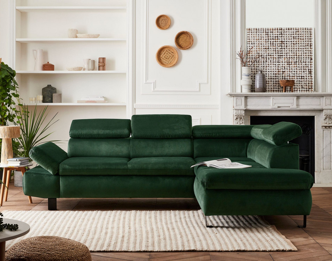 Nairobi - Canapé d'angle convertible - en velours - 5 places - avec têtières - Droit