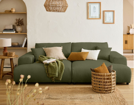 Canapé droit 4 places double méridienne en velours côtelé Garance