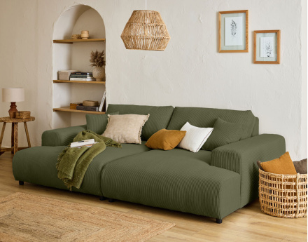 Canapé droit 4 places double méridienne en velours côtelé Garance