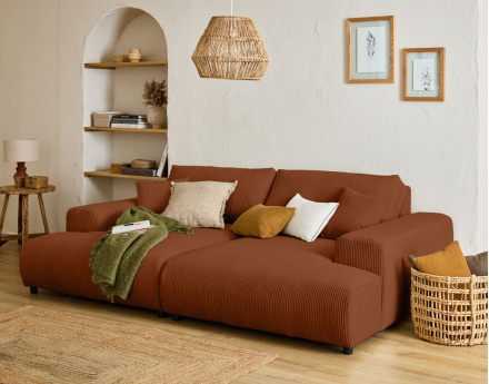 Canapé droit 4 places double méridienne en velours côtelé Garance