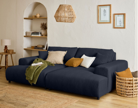 Canapé droit 4 places double méridienne en velours côtelé Garance