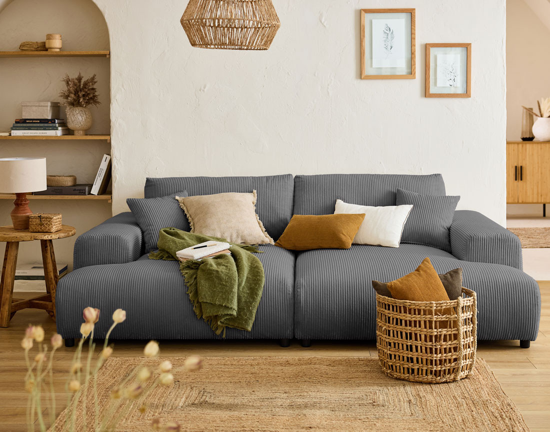 Canapé droit 4 places double méridienne en velours côtelé Garance