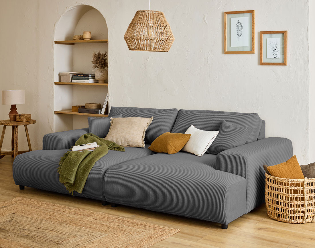 Canapé droit 4 places double méridienne en velours côtelé Garance