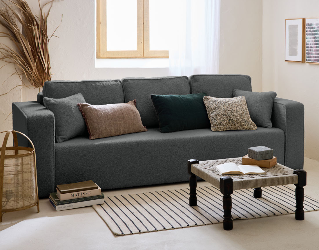 Canapé 3 places convertible avec coffre en tissu bouclette Topaze