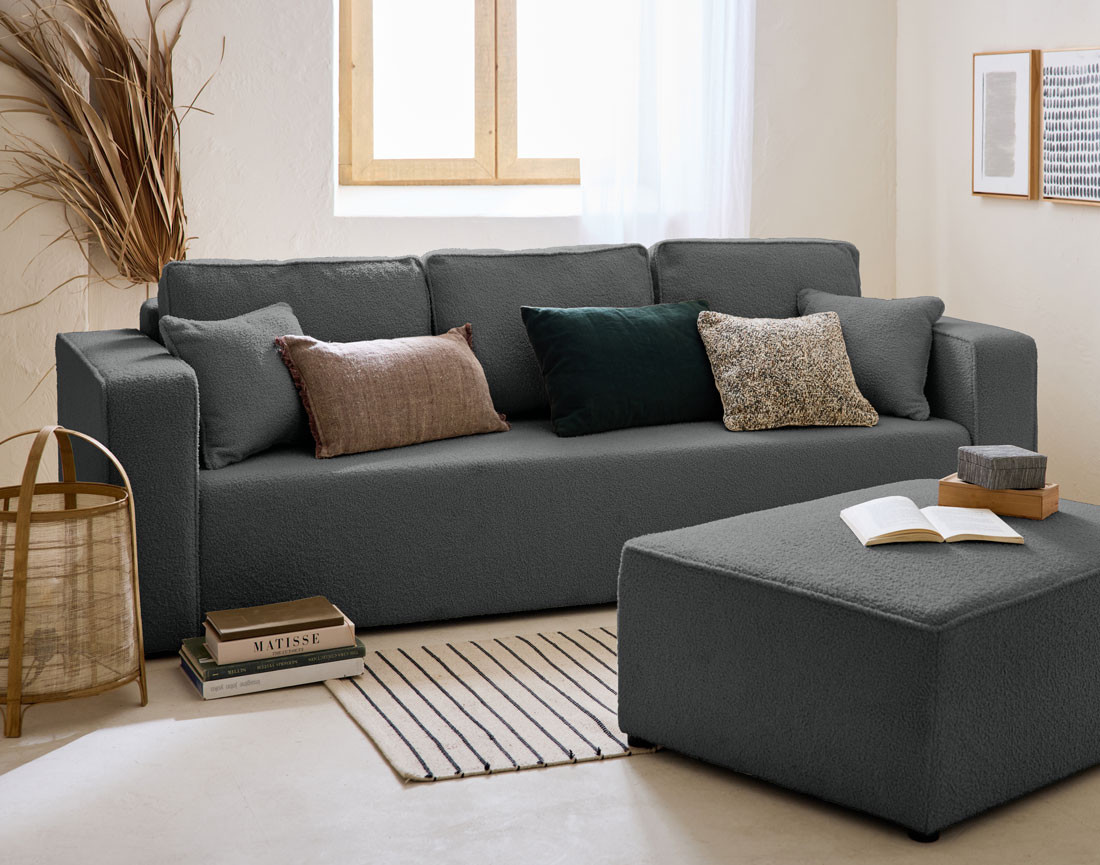 Canapé 3 places convertible avec coffre en tissu bouclette Topaze