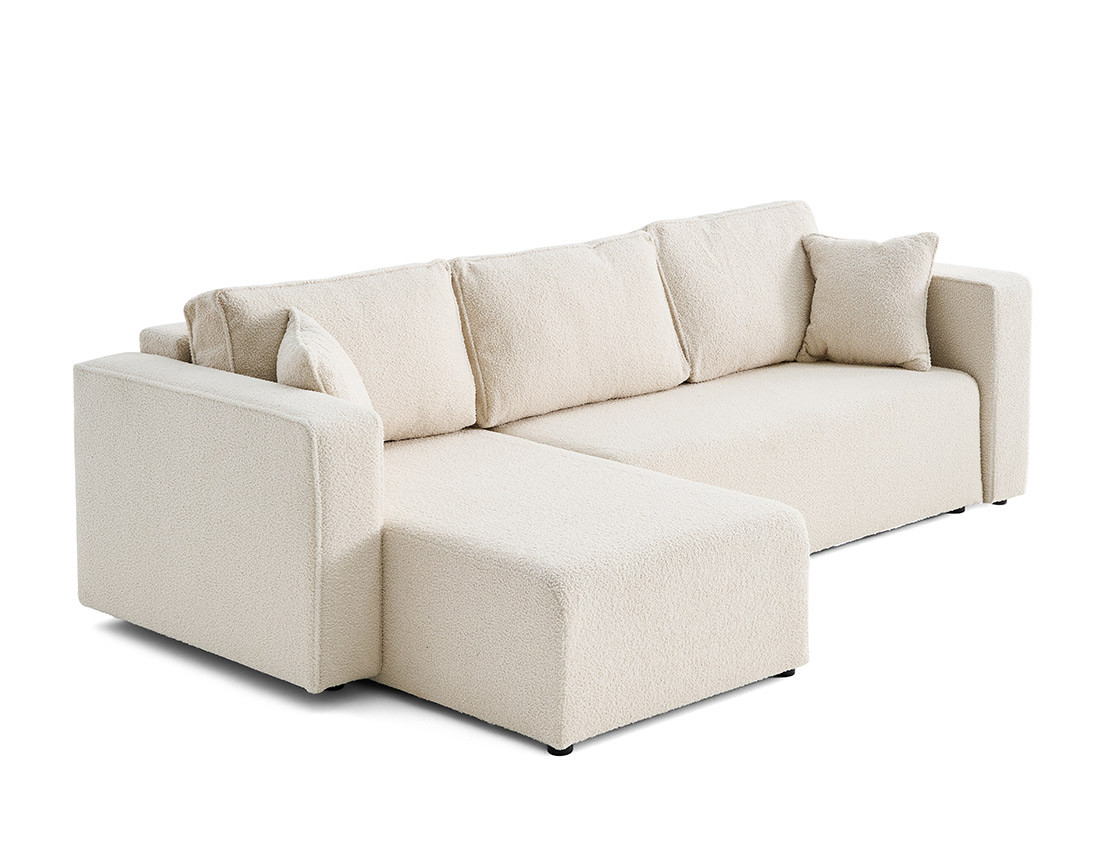 Canapé d'angle 4 places convertible avec coffre en tissu bouclette Topaze