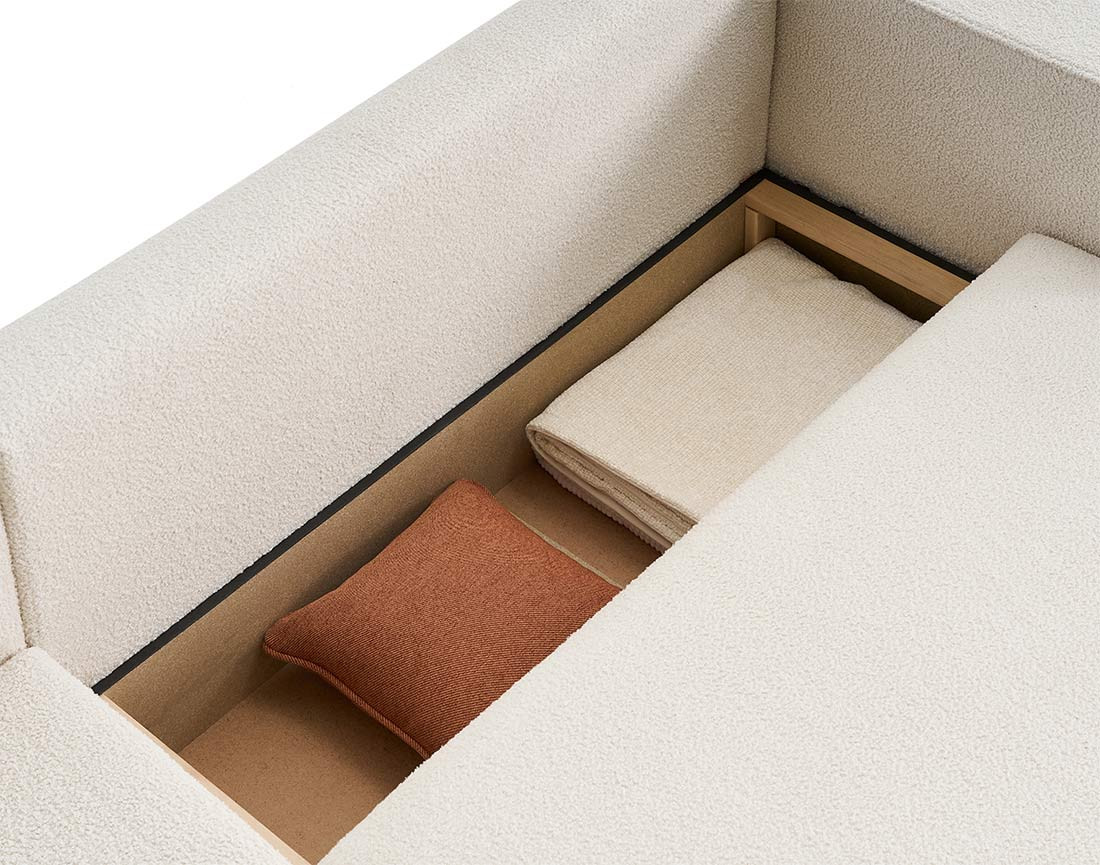 Canapé d'angle 4 places convertible avec coffre en tissu bouclette Topaze