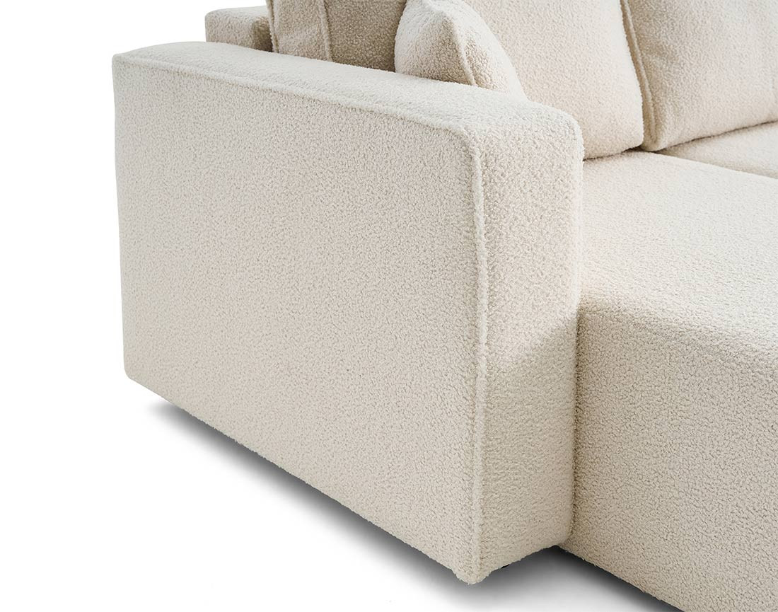 Canapé d'angle 4 places convertible avec coffre en tissu bouclette Topaze