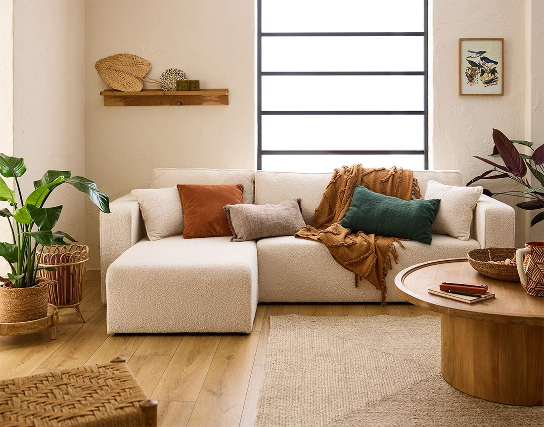 Canapé d'angle 4 places convertible avec coffre en tissu bouclette Topaze