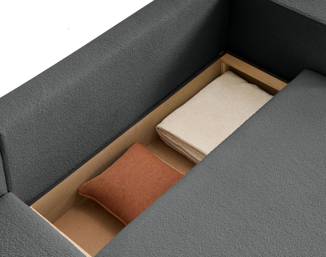 Canapé d'angle 4 places convertible avec coffre en tissu bouclette Topaze