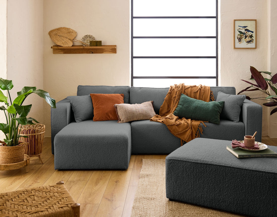 Canapé d'angle 4 places convertible avec coffre en tissu bouclette Topaze