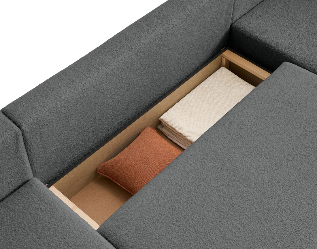 Canapé panoramique en U 7 places convertible avec coffre en tissu bouclette Topaze