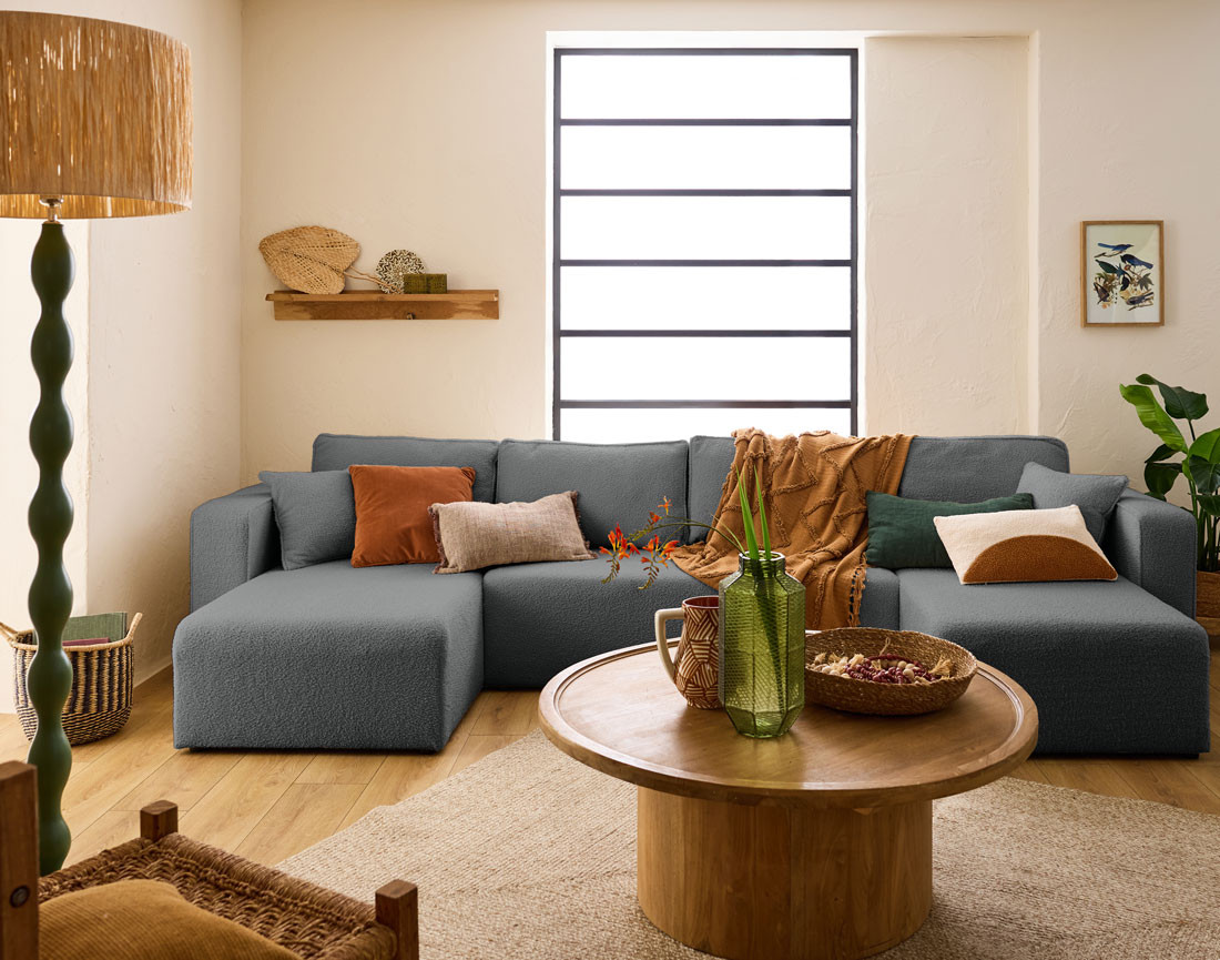 Canapé panoramique en U 7 places convertible avec coffre en tissu bouclette Topaze