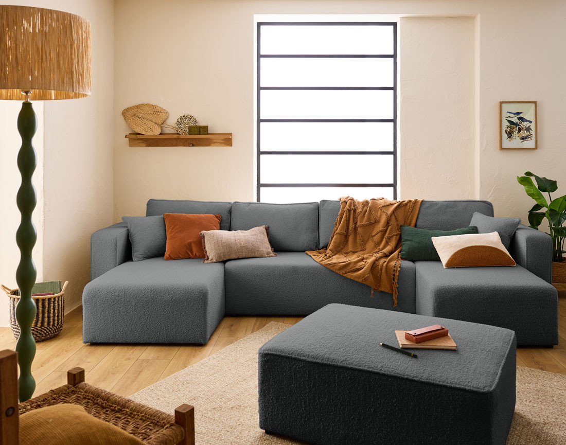 Canapé panoramique en U 7 places convertible avec coffre en tissu bouclette Topaze