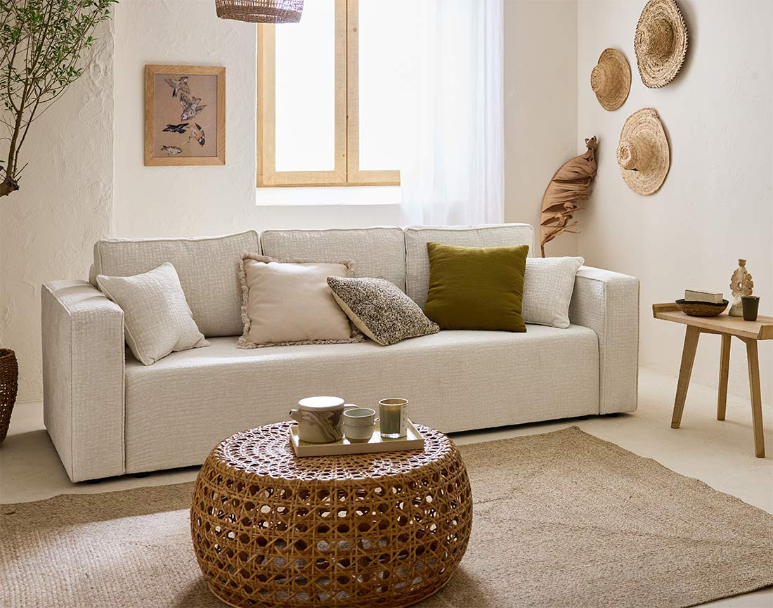 Canapé 3 places convertible avec coffre en tissu velours relief Topaze