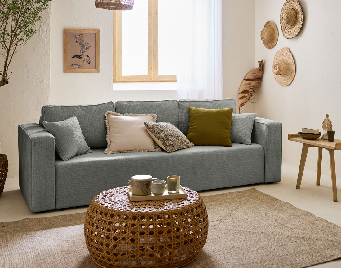 Canapé 3 places convertible avec coffre en tissu velours relief Topaze