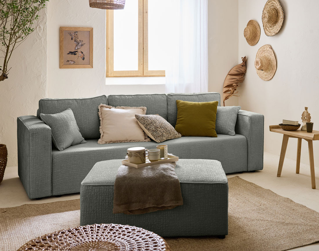 Canapé 3 places convertible avec coffre en tissu velours relief Topaze